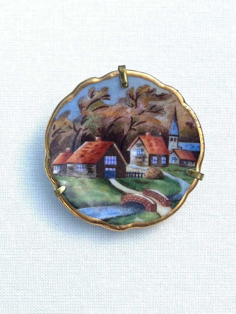 Vintage Limoges Hand-Painted Porcelain Pendant in Blue and Brown